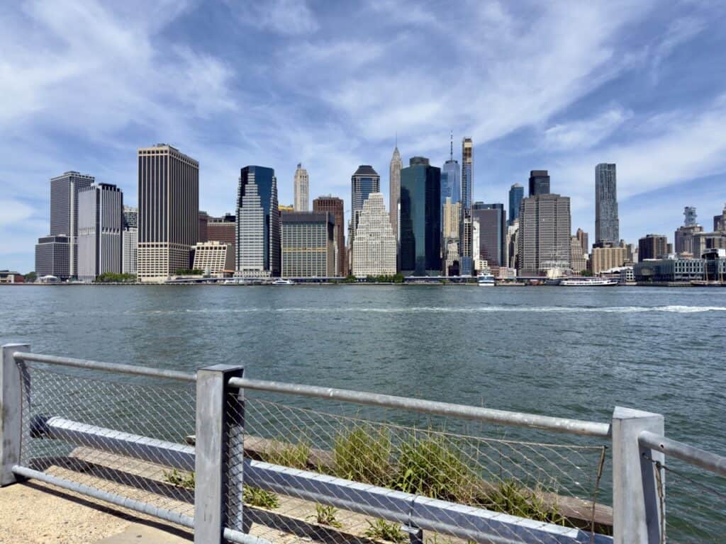 A view from brooklyn across the East River of the Manhattan skyline