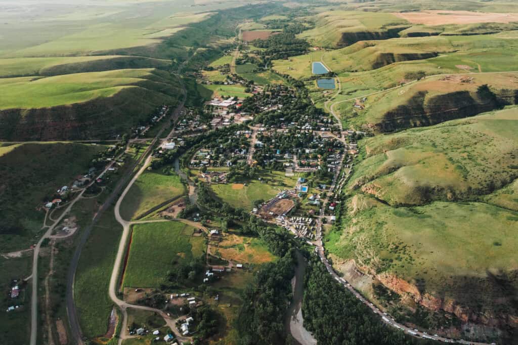 An aerial drone view of Belt, Montana, during the summer