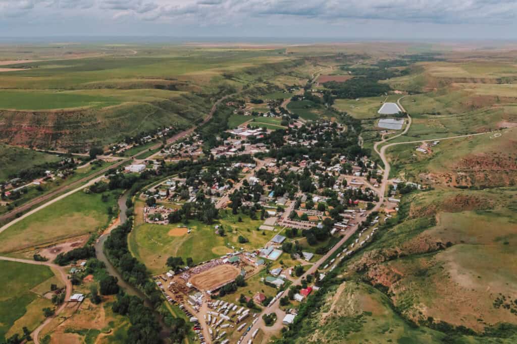 an aerial drone photo of Belt, Montana, in the summer