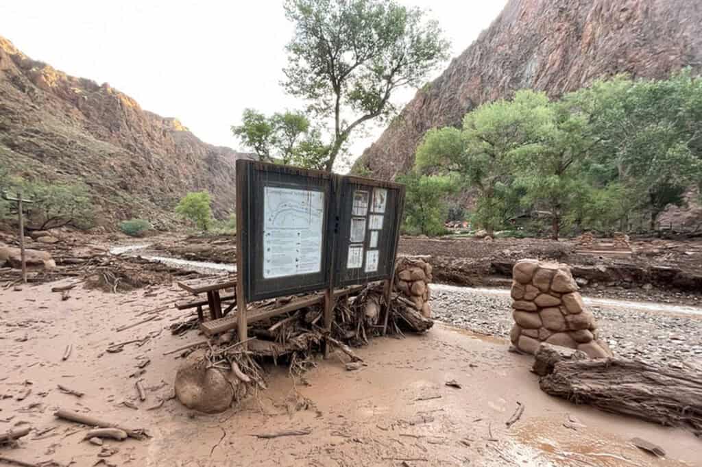 The Bright Angel Campground sign still standing after the flood in 2026