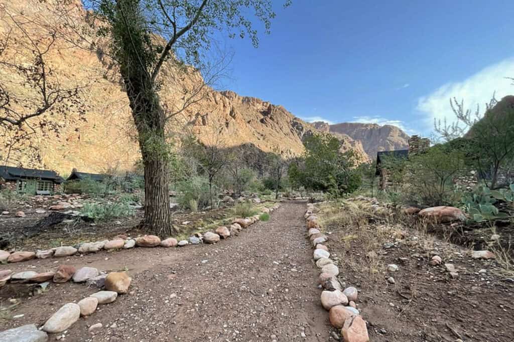 A hiking path in Phantom Ranch, after the 2026 flash flood