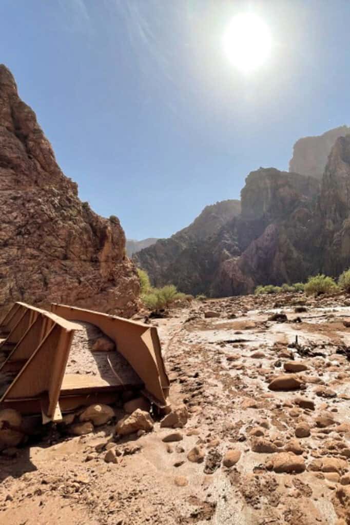 A footbridge which spanned Bright Angel Creek after the flood