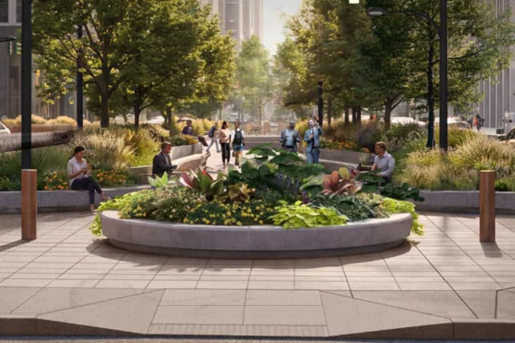 The future of Park Avenue, with new landscaping and pedestrian walkways