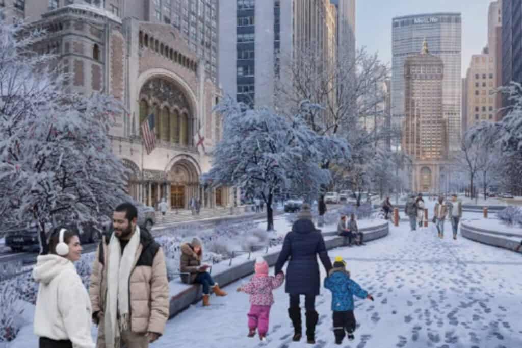 A winter image of pedestrians on Park Avenue