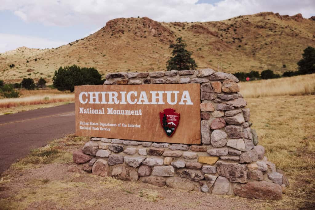 the old chiricahua national monument sign at the entrance in southeastern arizona